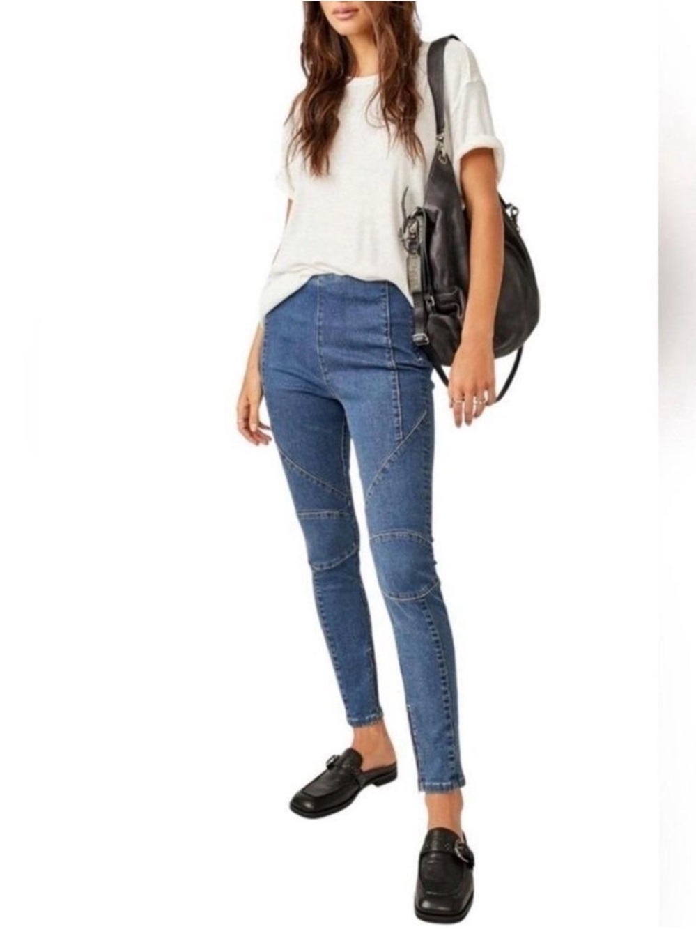 Free People We The Free Mid-Rise Blue Skinny Jeans with Panel Stitching